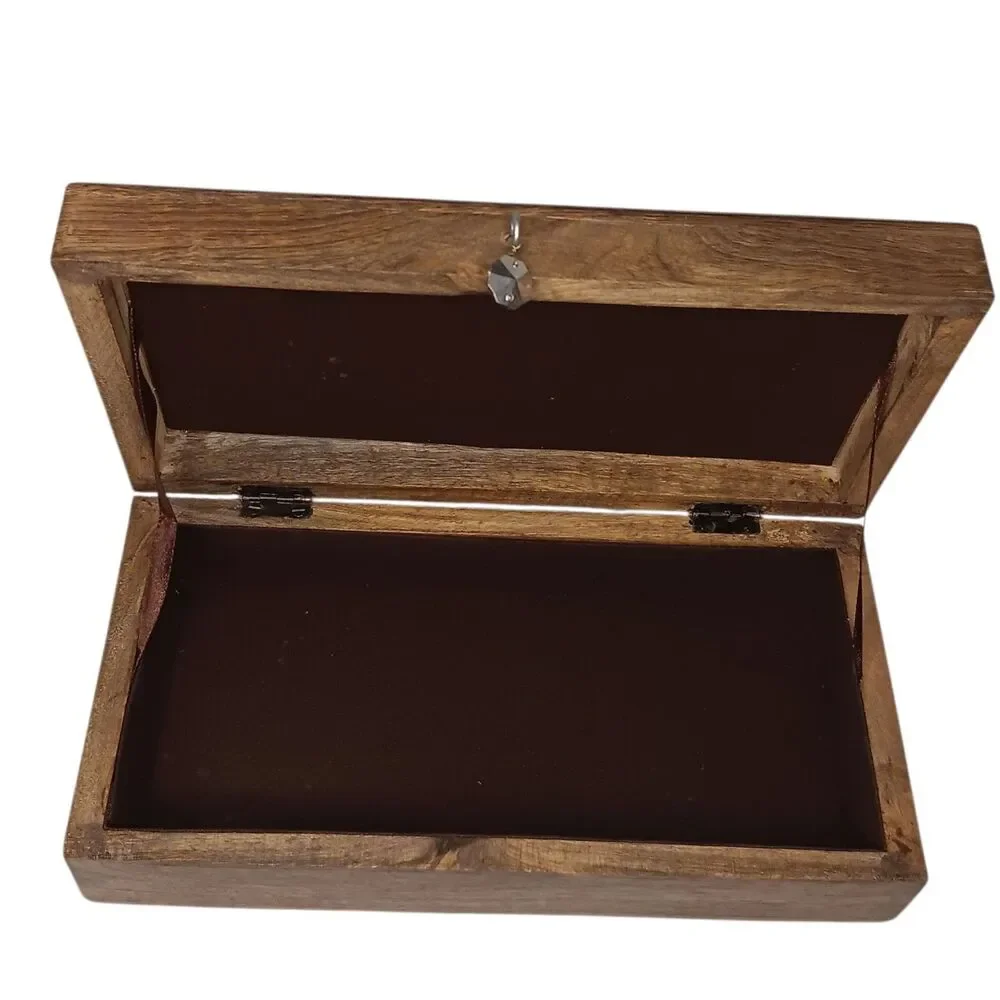 Jewelry Box Brown Wooden Trinket Box With Burlap And Silver Metal Flowers 10x5x3